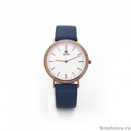 Часы Qudo, Trento, 801544 BL/RG, синий кожаный ремешок, позолоченный корпус 